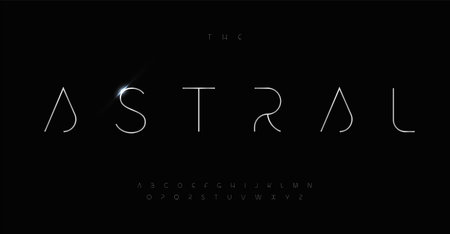 Astral space alphabet, innovative progressive sans serif letters, elegant futuristic font for sci-fi and hi-tech modern logo, title, headline. Contemporary typography, thin sleek typographic designのイラスト素材