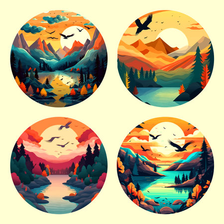 Natural scenery round logo design, nature landscape emblem with mountains and forest, water and trees, sunset and mountains, eco earthy logo template design. Vector illustrationのイラスト素材