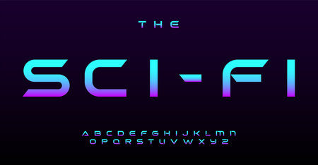Vibrant sci-fi alphabet, simple futuristic letters. Modern font for EDM logo, club headline in retrofuturism robotic cyberpunk style. Wide typographic design. Vector typesetのイラスト素材