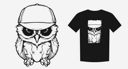 Serious monochrome cartoon of a child owl with a cup of coffee. Perfect for prints, shirts, and logos. Expresses fatigue, dissatisfaction, and opinion. Vector illustration.のイラスト素材