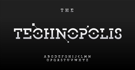 Stencil-style alphabet, bold serif letters, robust slab font for techno core logo, futuristic headline, sleek typographic design. Vector typesetのイラスト素材