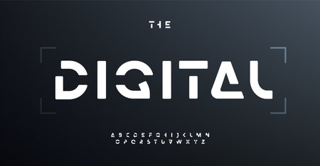 Techno stencil font, bold cropped letters, futuristic and space alphabet for logo, headline, contemporary typography, modern typographic design. Vector typeset.のイラスト素材