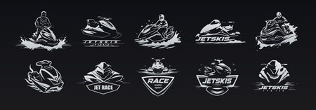 Jetski icons set. Energetic retro black and white silhouette icons for a modern, sporty label. Transport, speed, and adrenaline in every vector emblem. Vector illustration.のイラスト素材