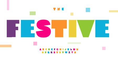 Festive font, bright squared letters with heavy primitive shapes. Cheerful fat alphabet for vibrant typography, logo, headline of art poster and banner. Vector typesetのイラスト素材