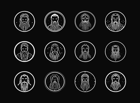 Jesus Christ portrait round icon set, clean logo emblem depicting a bearded sage for religious organizations and spirituality brands. Iconic silhouette design. Vector logoのイラスト素材