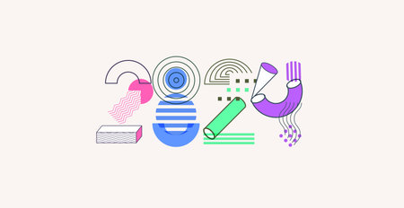 2024 numbers in playful Memphis style for Holidays Greeting Card, minimalistic geometric shapes in collage techniques. Vector illustrationのイラスト素材