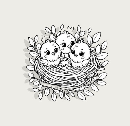 Three happy chicks nestled together in nest logo for children books, educational materials, spring-themed crafts. Simple line art for easy coloring activities. Vector illustrationのイラスト素材