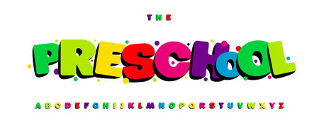 Preschool colorful alphabet, fun learning experience. Bold typography for classroom decor, educational materials. Engaging children in reading, writing. Flat vector illustrationのイラスト素材