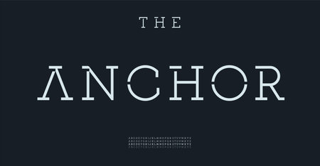 Slab serif minimalist alphabet, strokes lines letters, bold regular thin stencil font for striking branding, elegant headline, fashion logo. Clean, contemporary typography. Vector typeset.のイラスト素材