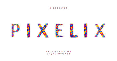 Cartoon colorful squared pixel alphabet, playful pixel mosaic letters and numbers, vibrant game font for lively logos, catchy headlines, contemporary typography, engaging fun design. Vector typeset.のイラスト素材