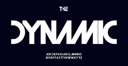 Dynamic futuristic typography font design. Sleek modern minimal letters with cutouts for tech logos, EDM posters, cyberpunk themes, racing sports brands. Contemporary typographic. Vector typesetのイラスト素材