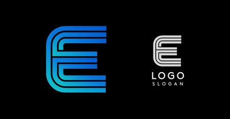 Modern E letter monogram logo. Abstract design with linear, geometric lines, blue and black gradient. Suitable for corporate branding, business identity, and professional company logos. Vectorのイラスト素材