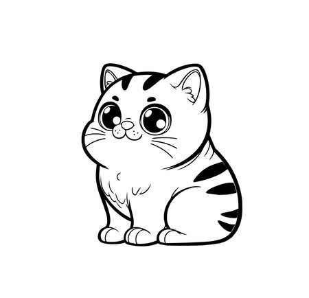 Cute kawaii Manx kitten with big eyes, sitting and smiling. Adorable cartoon cat with stripes, whiskers, fluffy fur. Perfect for children decor, stickers, and coloring books. Vector illustrationのイラスト素材