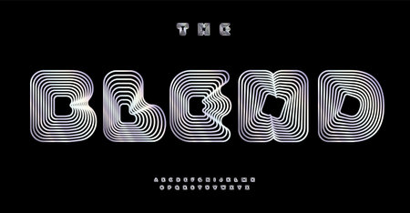 Blend font, distorted letters with blending lines creating 3D letters optical illusion. Round geometric stripes typography for tech identity, branding, creative posters. Vector typeset.のイラスト素材