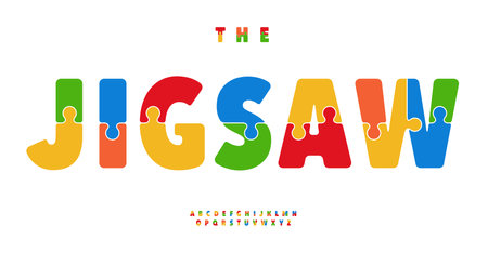 Jigsaw puzzle alphabet, colorful playful letters, bold kid font for toys and learning, vibrant headline design, child educational typeface for table game logotype. Vector typeset.のイラスト素材