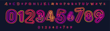 Vibrant neon font, playful outliner numbers and letters, energetic curves bold strokes alphabet for nightlife, party visuals, sports branding, jersey numbers, team merchandise. Vector typesetのイラスト素材