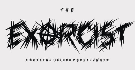 Crazy jagged alphabet, wall scratched letters, eerie chaotic font for punk thriller logo, creepy headline, rebellious typography, spiky edgy typographic design. Vector typeset.のイラスト素材