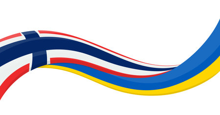 Wavy ribbon banner of Ukraine National flag with Norway National Flag. Unity and cooperation symbol. Logo for charity and social events, NGO initiative, sport teams. Vector illustration.のイラスト素材