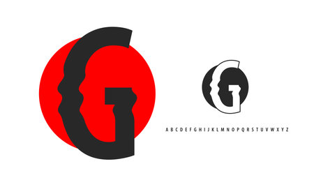 Letter G silhouette on red sun, twisting alphabet. Japanese logo for sushi roll restaurant logo, asian cultural event logotype. Vector logo and typesetのイラスト素材