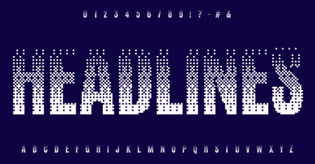 Pixelated fade alphabet, glitchy halftone letters, Y2K typography for EDM party flyers, club posters, Dj logos, 90s arcade game headlines, vibrant digital banners. Vector fontのイラスト素材