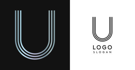 Minimalistic striped letter U, three lines monogram, shiny luxurious metallic gloss color logo for premium brand of jewels, fashion and beauty. Modern retro avant-garde identity. Vector illustration.のイラスト素材