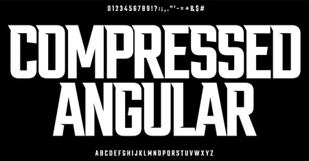 Compressed angular alphabet with bold geometry letters. Sharp aggressive font for impactful logos, sports designs, high-energy modern headlines. Vector typesetのイラスト素材