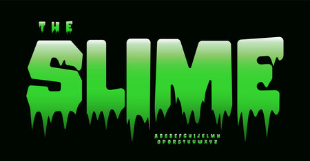 Green slime alphabet, gooey dripping font, cartoon horror typeface, spooky playful font for Halloween party designs, spooky fun Halloween or kid designs. Vector typeset.のイラスト素材