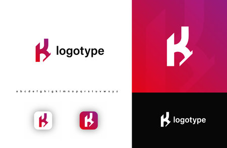 Sporty futuristic angular logo. Sharp geometric dynamic edges letter k. Minimalist innovative emblem for tech, game app, music, sport, design agency, digital space identity. Vector illustrationのイラスト素材