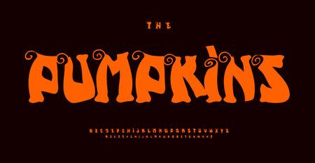 Spooky decorative alphabet, bold quirky letters, festive font with playful swirls for seasonal cartoonish design, artistic banner, funky dark lettering. Fun Halloween typography. Vector typeset.のイラスト素材