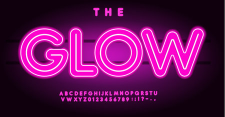 Glow neon alphabet, bright luminous letters, shiny glowing font for nightlife signage, modern club flyers, electric urban design, flashy graphic typeface. Vector typeset.のイラスト素材