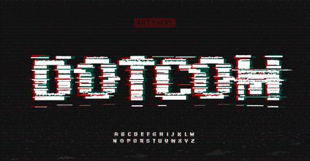 Bold glitch font, distorted pixelated letters, cyberpunk aesthetic alphabet for digital errors typography, Y2K bug digital art, sci-fi logo and headline. Retro wave glitch typography. Vector typesetのイラスト素材