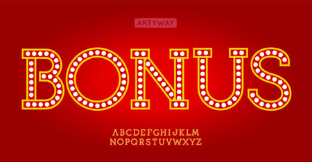 Illuminated marquee font with vibrant light dots, retro casino letters for carnival headline, festive signage, vegas gambling, flashy event promo, vegas entertainment typeface. Vector typesetのイラスト素材