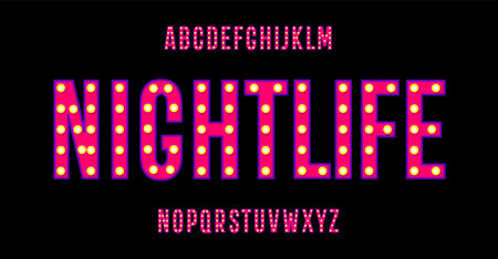 Vegas dazzling alphabet, retro illuminated letters, lightbulb glowing font for carnival headline, bright casino logo, nightlife show signage. Vector typeset.のイラスト素材