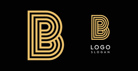 Geometric golden letter B with concentric lines on black background. Sleek sophisticated logo design. Luxury, modernity, elegance logotype for premium branding, corporate identity.Vector illustration.のイラスト素材