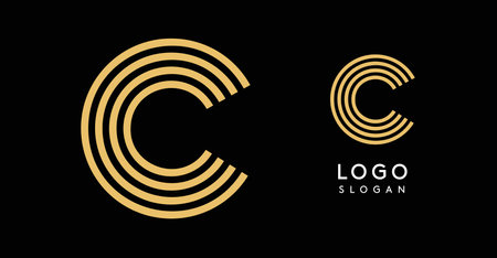 Geometric golden letter C with concentric lines on black background. Sleek sophisticated logo design. Luxury, modernity, elegance logotype for premium branding, corporate identity.Vector illustration.のイラスト素材