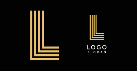 Geometric golden letter L with concentric lines on black background. Sleek sophisticated logo design. Luxury, modernity, elegance logotype for premium branding, corporate identity.Vector illustration.のイラスト素材
