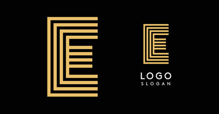 Geometric golden letter E with concentric lines on black background. Sleek sophisticated logo design. Luxury, modernity, elegance logotype for premium branding, corporate identity.Vector illustration.のイラスト素材