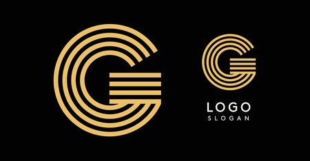 Geometric golden letter G with concentric lines on black background. Sleek sophisticated logo design. Luxury, modernity, elegance logotype for premium branding, corporate identity.Vector illustration.のイラスト素材