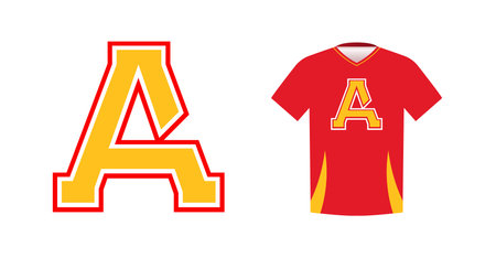 Bold yellow letter A with red outline, varsity sports emblem design on red athletic jersey. Ideal for sports team logos, college branding, athletic apparel. Vector illustrationのイラスト素材