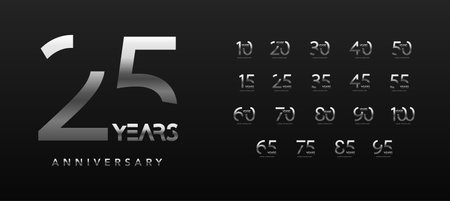 Sleek anniversary numbers with metallic gradient effect on dark background, marking milestones from 10 to 100 years. Perfect for corporate branding or commemorative events. Vector illustration.のイラスト素材