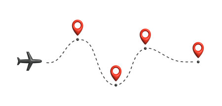 Airplane flying along dashed route with multiple location markers, symbolizing multi-stop travel,...