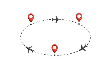 Airplanes flying along circular dashed route with multiple location markers, symbolizing global...