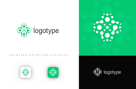 Fusion dots cross logo symbolizing healthcare, medical innovation, biotechnology. Ideal for pharmaceutical companies, laboratories, research institutions. Clean, modern design. Vector logo templateのイラスト素材