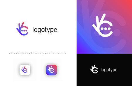 Hand with chat bubble symbolizing communication, support, digital interaction. Perfect for messaging apps, customer service, AI chatbots, social networking platforms. Vector logoのイラスト素材