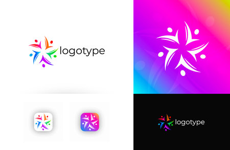 Star human figures abstract logo, symbolizing unity, teamwork, diversity. Suitable for charities, social foundations, education, business branding, community projects. Colourful Vibrant vector logoのイラスト素材