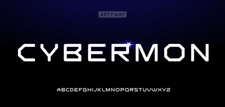 Futuristic cyber font with sleek, modern design and glowing accents. Perfect for tech logo, sci-fi headline of digital media projects. High-tech typography. Vector typeset.のイラスト素材