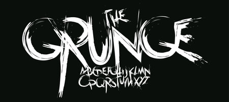 Grunge brush font with rough, distressed strokes and an edgy, chaotic look. Perfect for punk rock cover, street art, rebellious logo and headline. Bold urban typography. Vector typesetのイラスト素材