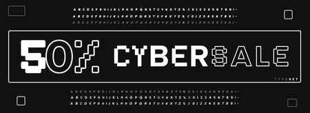 Promotional typography futuristic digital alphabet. Modern geometric font for cyber sale, HUD, EDM, tech logo, gaming headline, online shopping banner. Cyberpunk typographic design. Vector typesetのイラスト素材