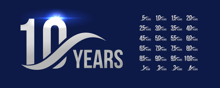 Silver anniversary emblem set with numbers representing different milestone years. Elegant corporate celebration design for branding, marketing, event promo, greeting card. Vector illustrationのイラスト素材