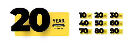 Modern anniversary celebration design set featuring bold numbers from 10 to 90 with stylish typography on yellow backgrounds. Ideal for greeting card and birthday banner. Vector illustrationのイラスト素材